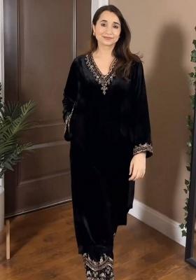 Navy Blue Sequence Velvet Kurta Set