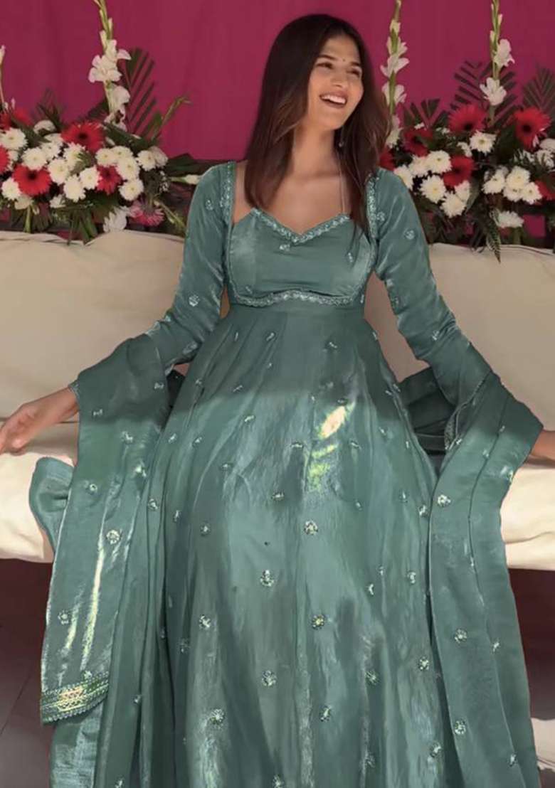 Dusty Mint Green Embroidered Silk Blend Anarkali Set - Indya