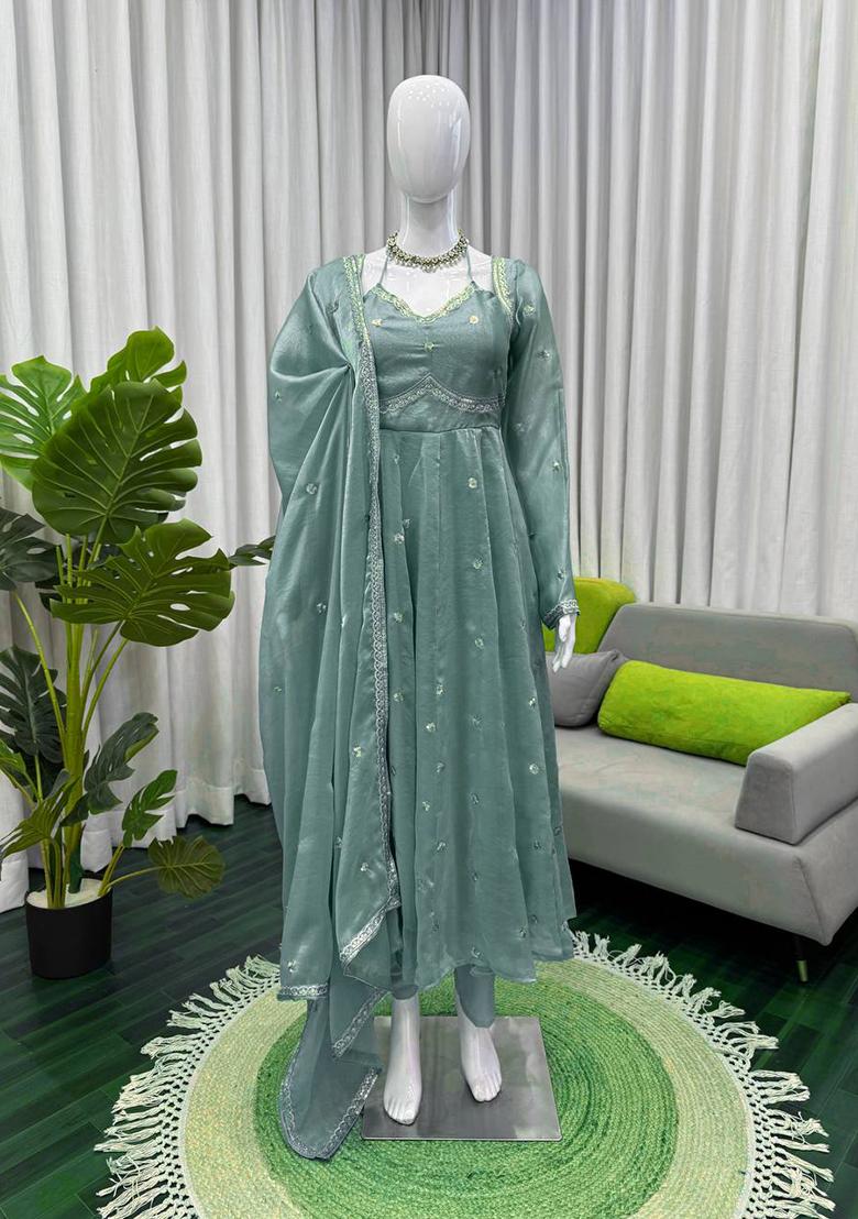 Dusty Mint Green Sequence Silk Kurta Set - Indya