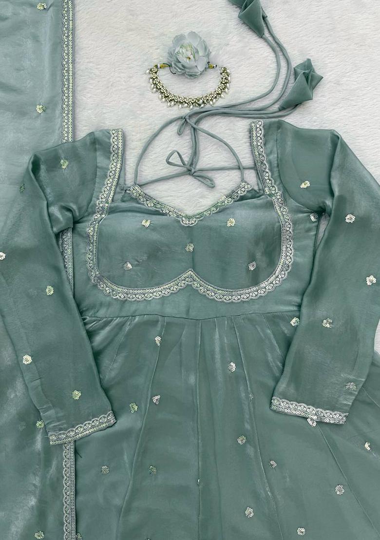Dusty Mint Green Sequence Silk Kurta Set - Indya