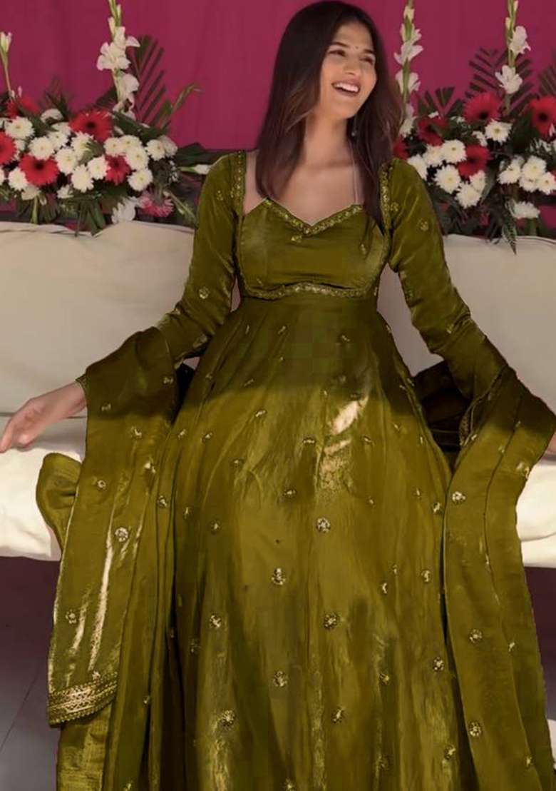 Mahendi Mirror Work Silk Blend Anarkali Set - Indya