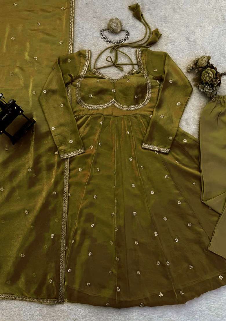 Mahendi Mirror Work Silk Blend Anarkali Set - Indya