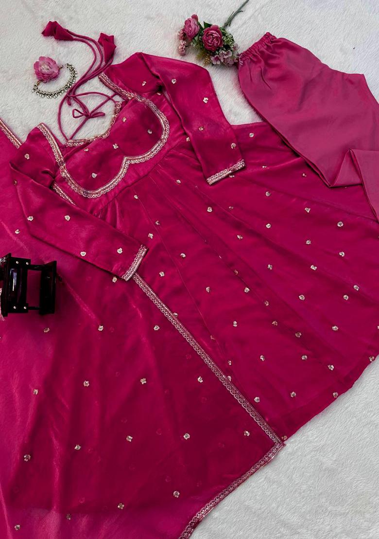 Pink Sequence Silk Kurta Set - Indya