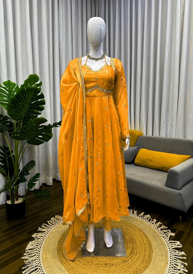 Yellow Sequence Silk Kurta Set - Indya