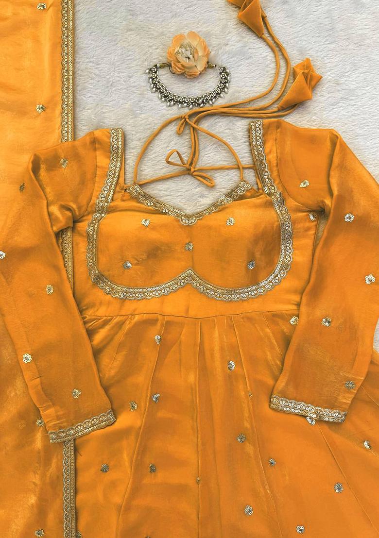 Yellow Sequence Silk Kurta Set - Indya