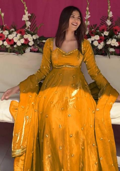 Yellow Sequence Silk Kurta Set