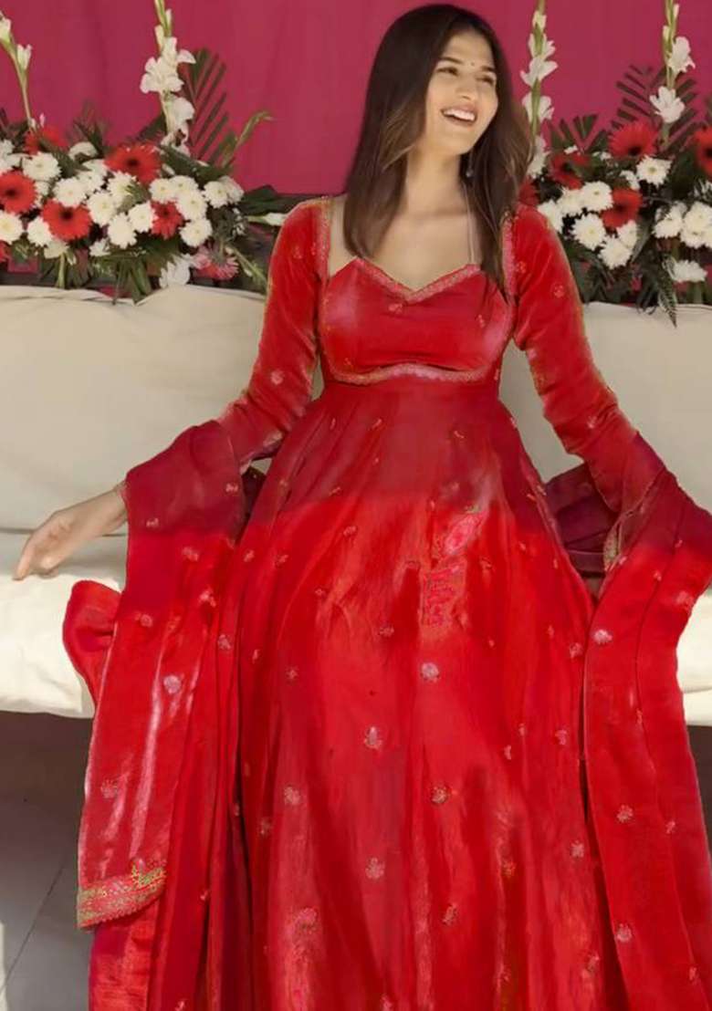 Red Embroidered Silk Blend Anarkali Set - Indya