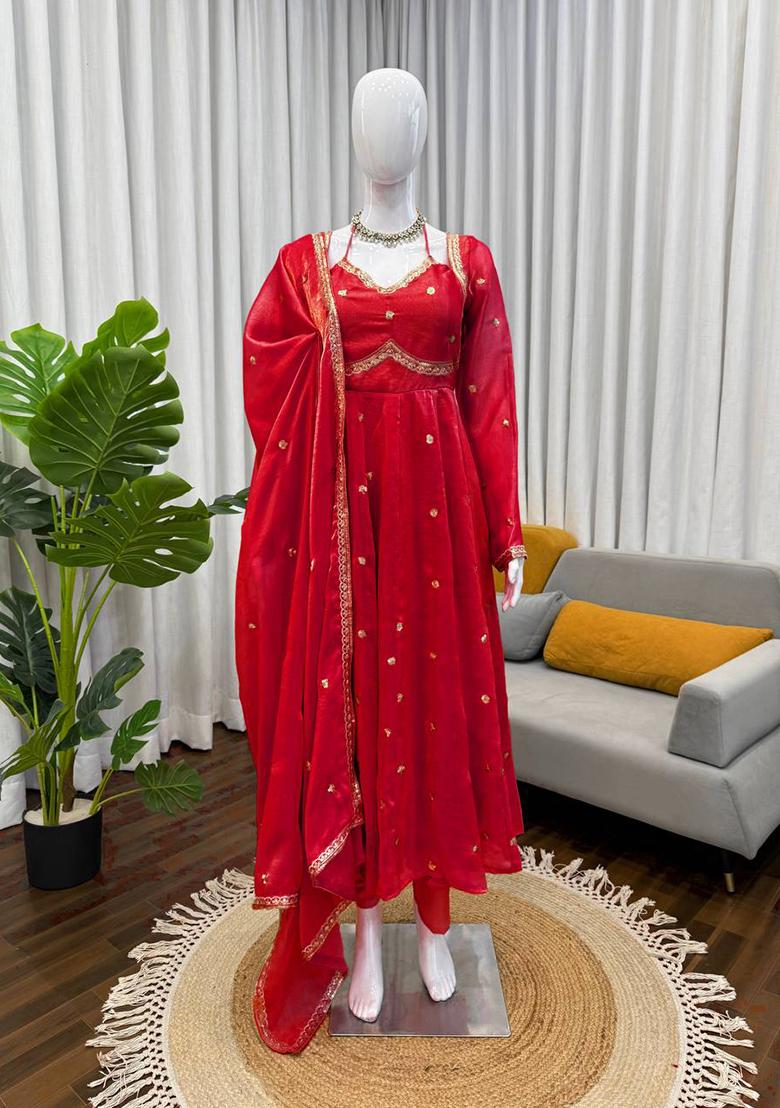 Red Sequence Silk Kurta Set - Indya