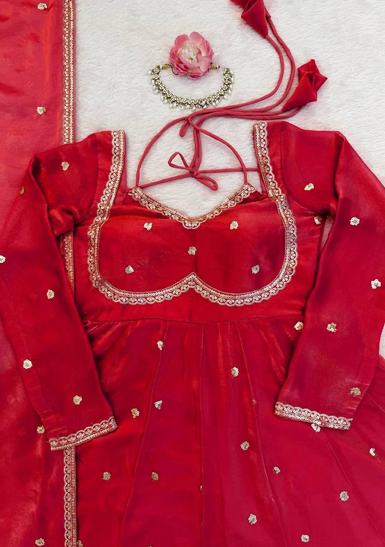 Red Sequence Silk Kurta Set - Indya