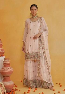 Light Peach Embroidered Georgette Kurta Set