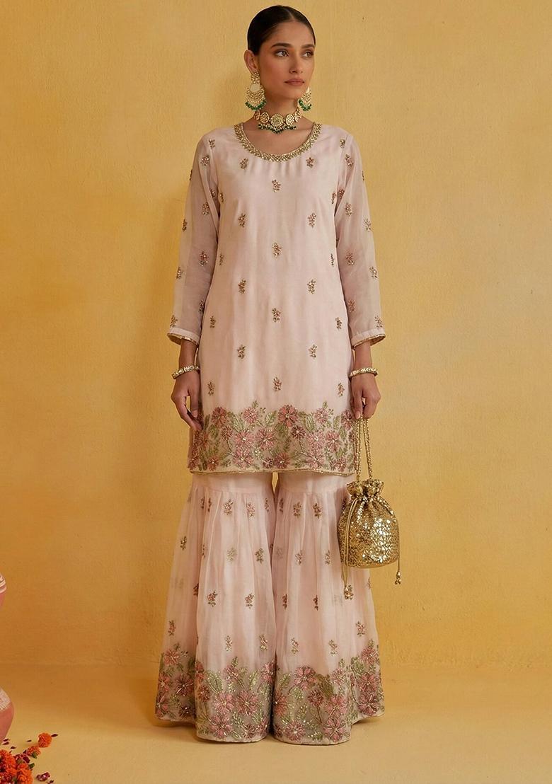 Light Peach Embroidered Georgette Sharara Set - Indya