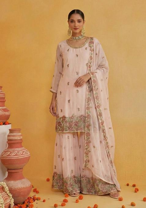 Light Peach Embroidered Georgette Kurta Set