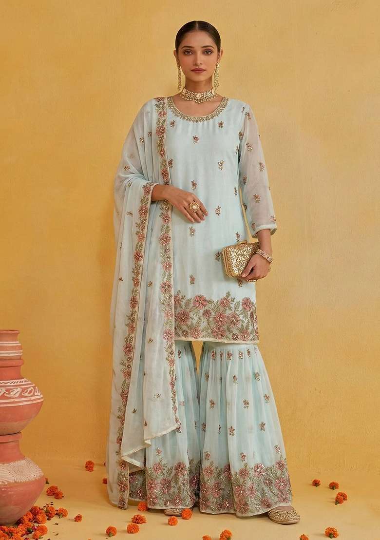 Light Firozi Embroidered Georgette Kurta Set - Indya