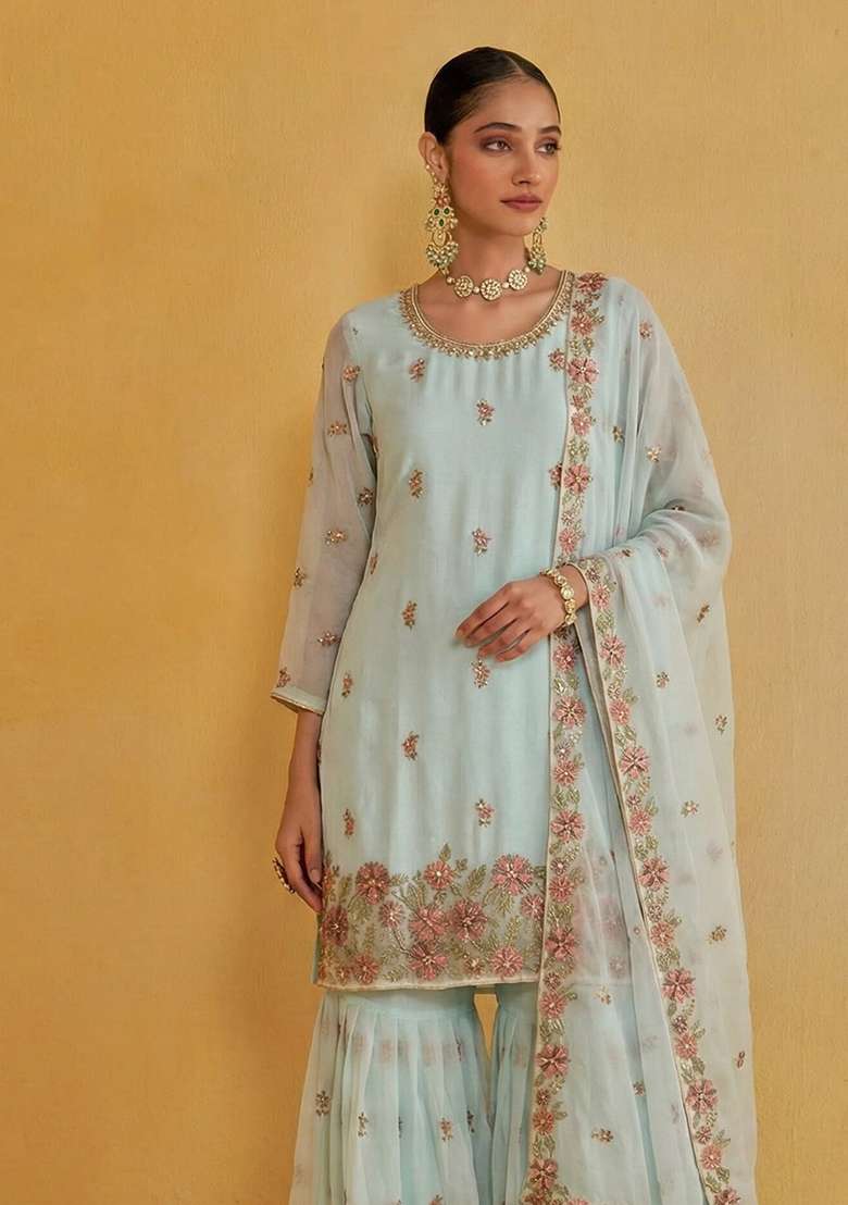 Light Firozi Embroidered Georgette Kurta Set - Indya