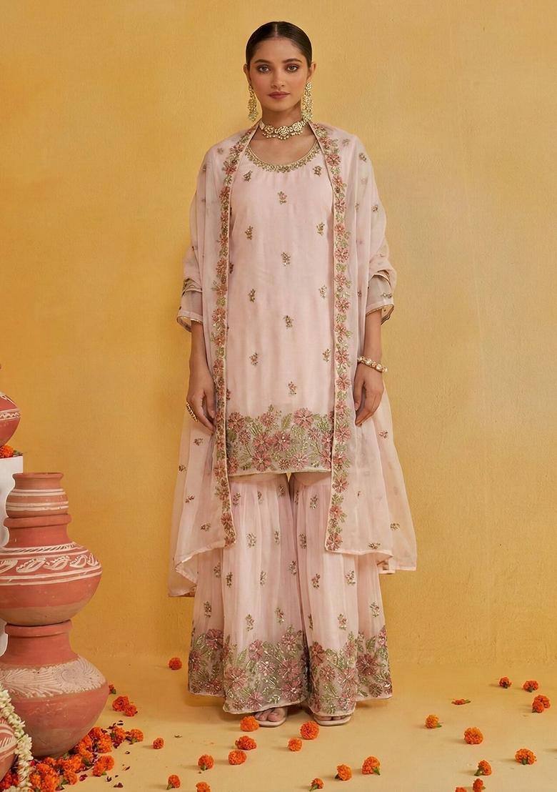 Light Pink Embroidered Georgette Sharara Set - Indya