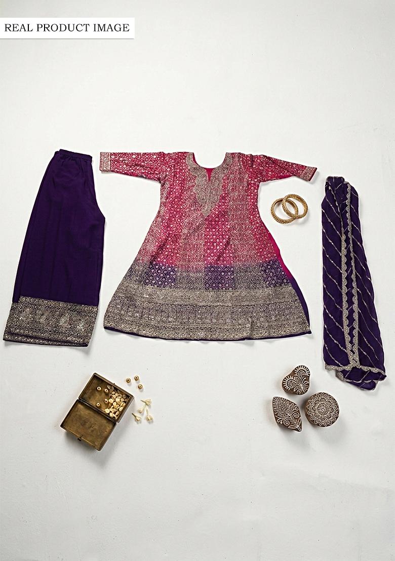 Pink Embroidered Georgette Sharara Set - Indya