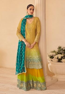 Yellow Embroidered Georgette Kurta Set