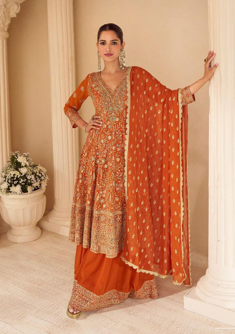 Orange Embroidered Georgette Sharara Set - Indya