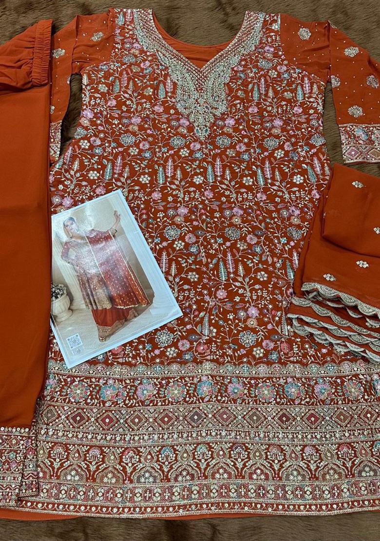 Orange Embroidered Georgette Sharara Set - Indya