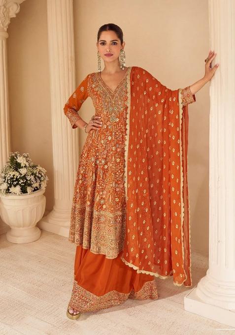 Orange Embroidered Georgette Kurta Set