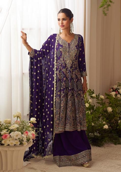 Blue Embroidered Georgette Kurta Set