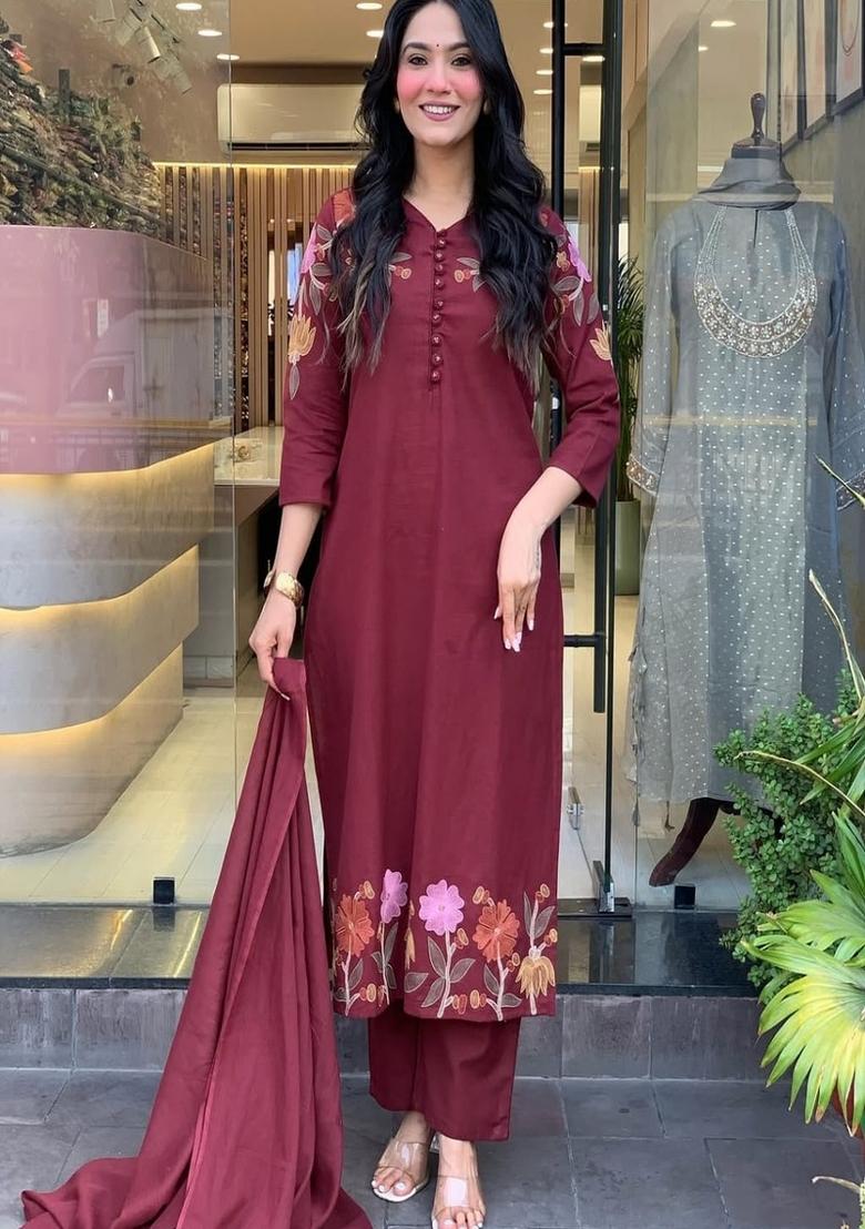 Maroon Floral Print Cotton Kurta Set - Indya