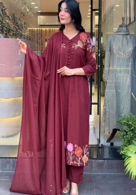 Maroon Floral Print Cotton Kurta Set
