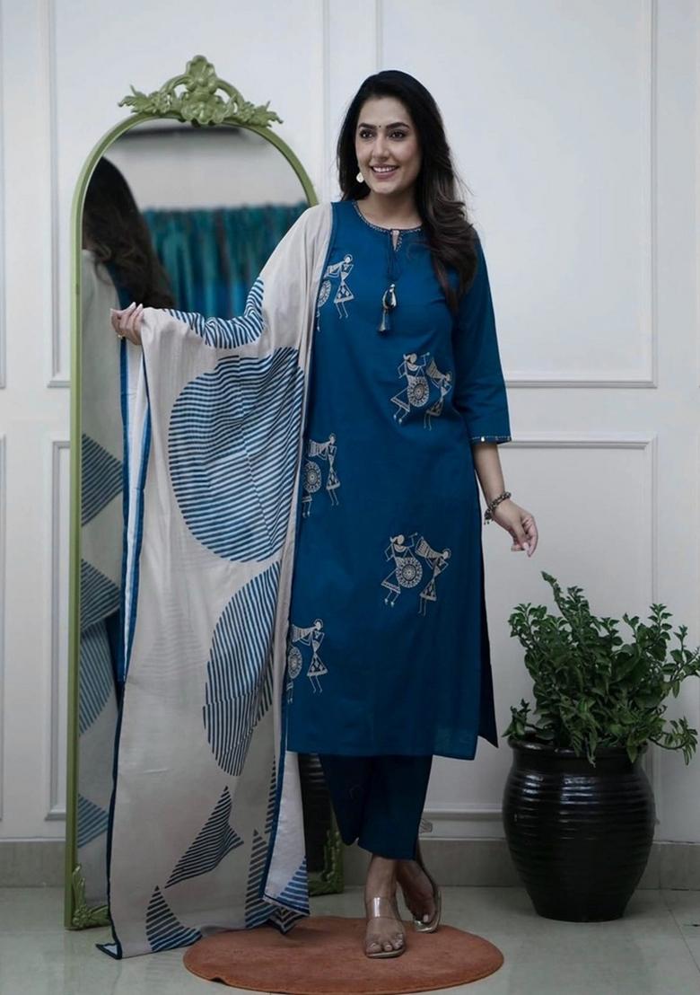 Blue Printed Cotton Kurta Set - Indya