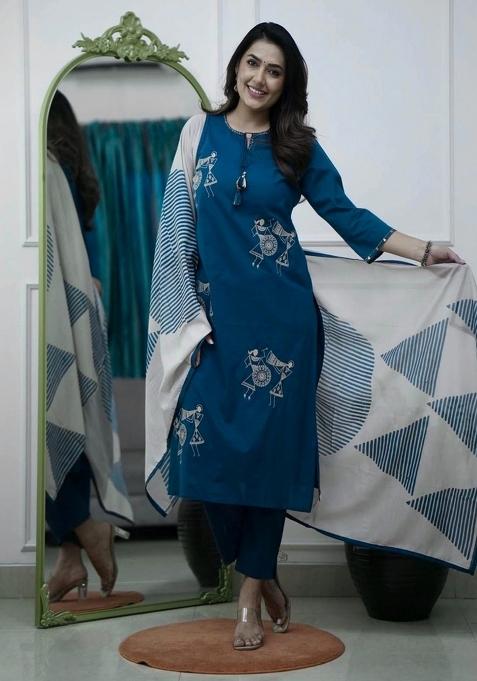 Blue Printed Cotton Kurta Set