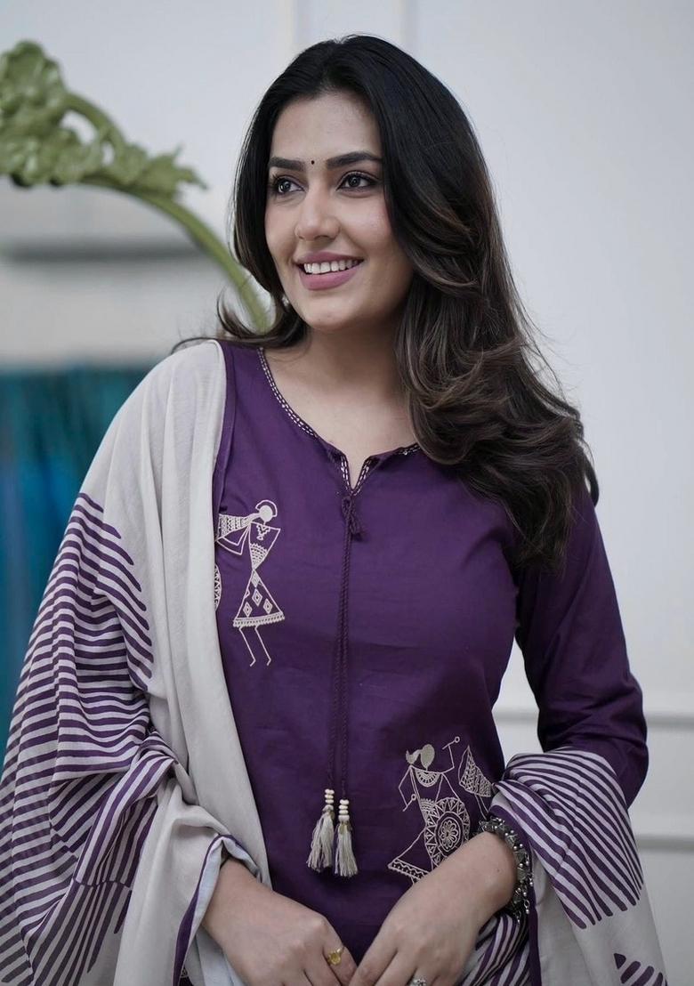 Purple Printed Cotton Kurta Set - Indya