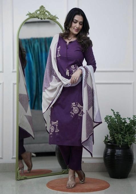Purple Embroidered Cotton Kurta Set