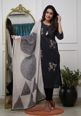Black Embroidered Cotton Kurta Set