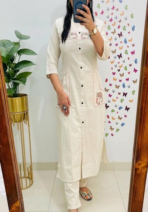 White Embroidered Cotton Kurta Set