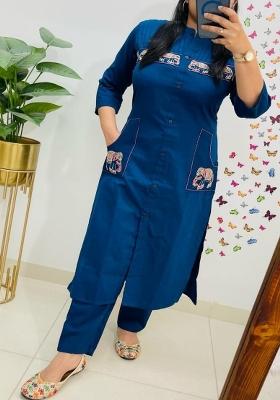 Blue Embroidered Cotton Kurta Set