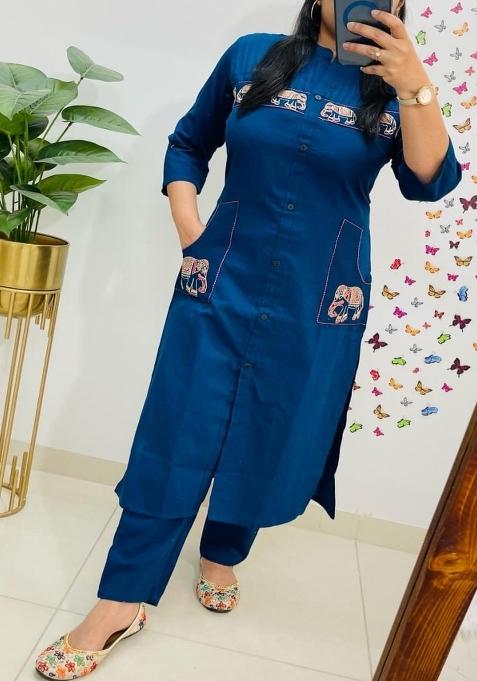 Blue Embroidered Cotton Kurta Set