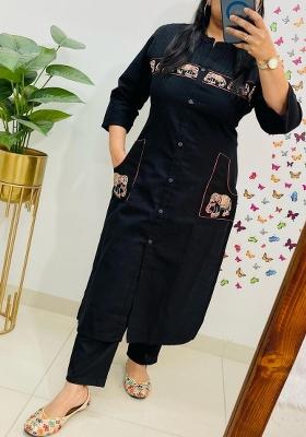 Black Embroidered Cotton Kurta Set
