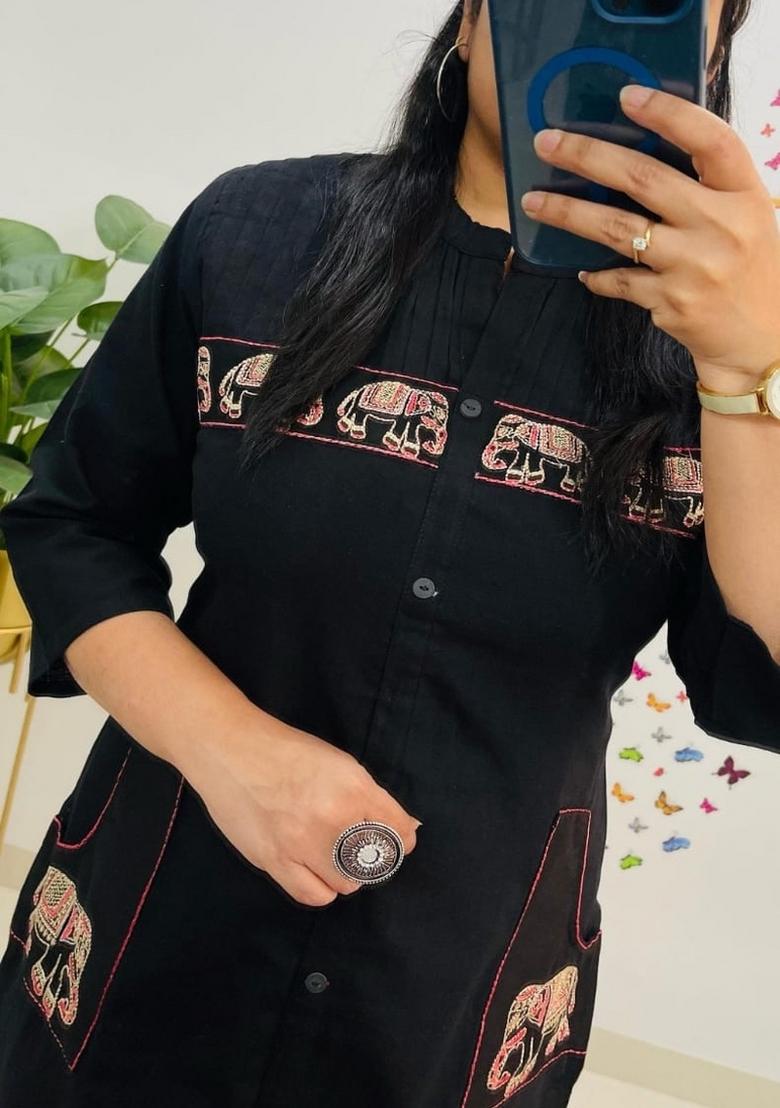 Black Embroidered Cotton Kurta Set - Indya