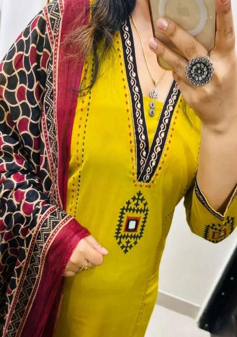 Yellow Embroidered Cotton Straight Kurta Set - Indya