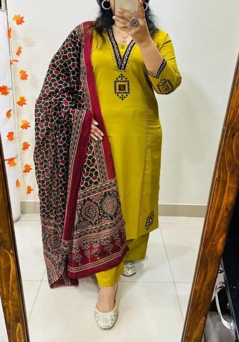 Yellow Embroidered Cotton Straight Kurta Set