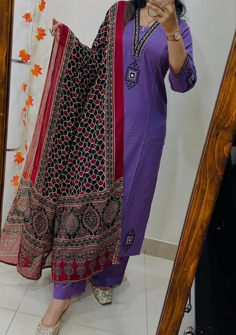 Purple Embroidered Cotton Straight Kurta Set - Indya