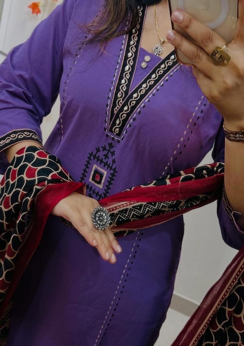 Purple Embroidered Cotton Straight Kurta Set - Indya