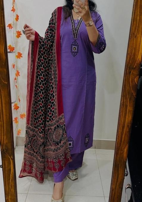 Purple Embroidered Cotton Kurta Set