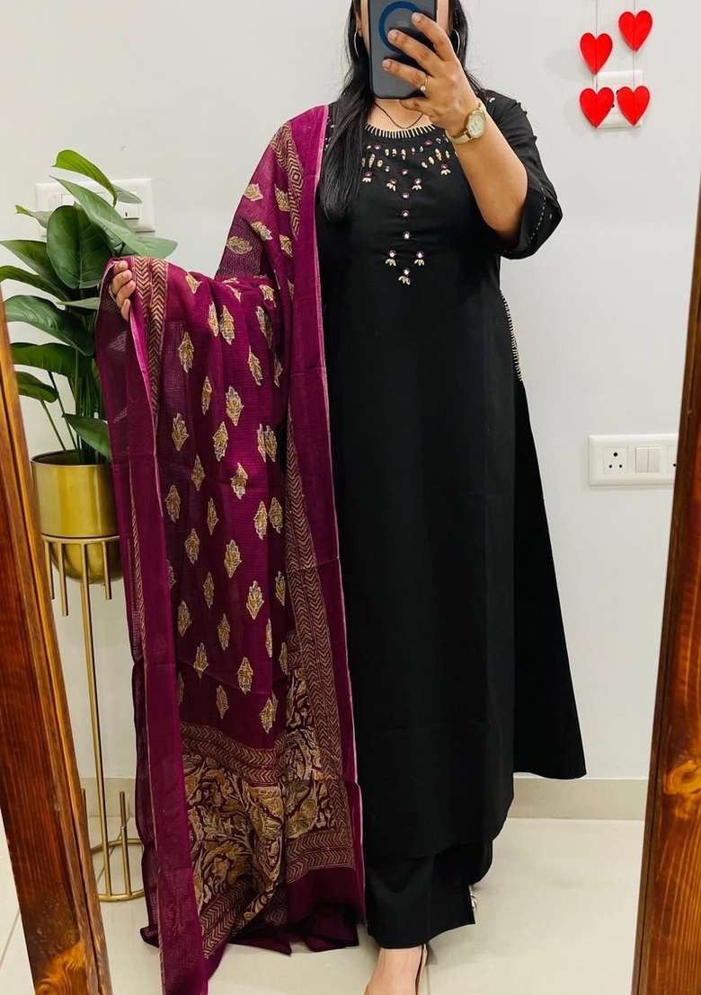 Black Embroidered Cotton Kurta Set - Indya