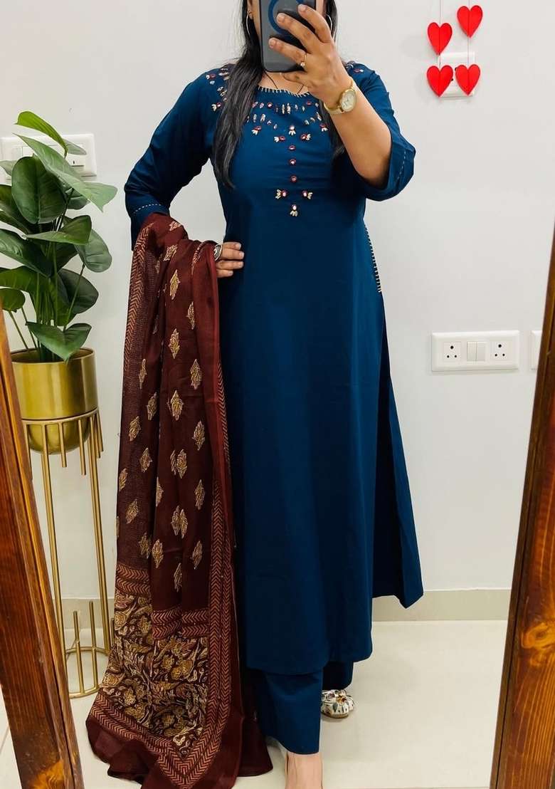Blue Embroidered Cotton Kurta Set - Indya