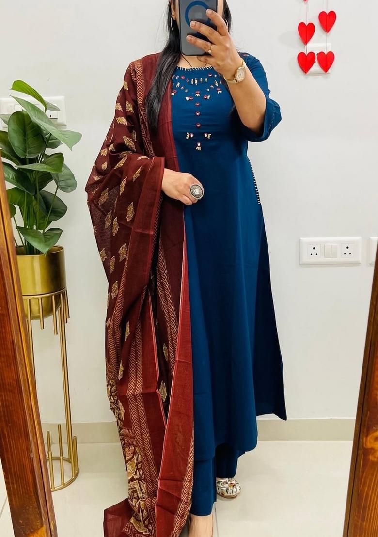 Blue Embroidered Cotton Kurta Set - Indya