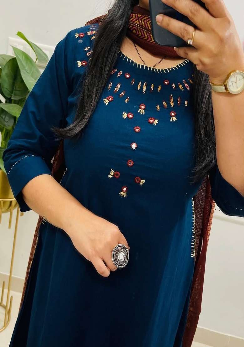 Blue Embroidered Cotton Kurta Set - Indya