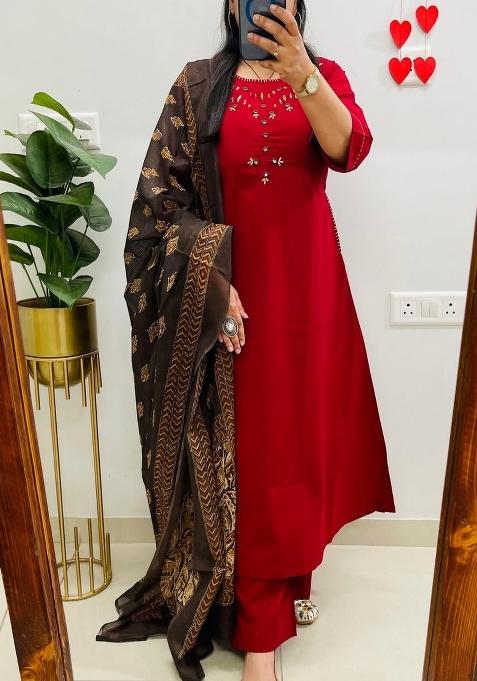 Red Embroidered Cotton Kurta Set