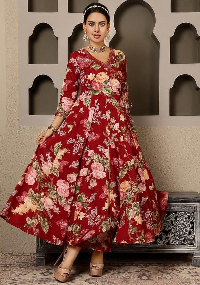 Red Floral Print Cotton Anarkali Set - Indya