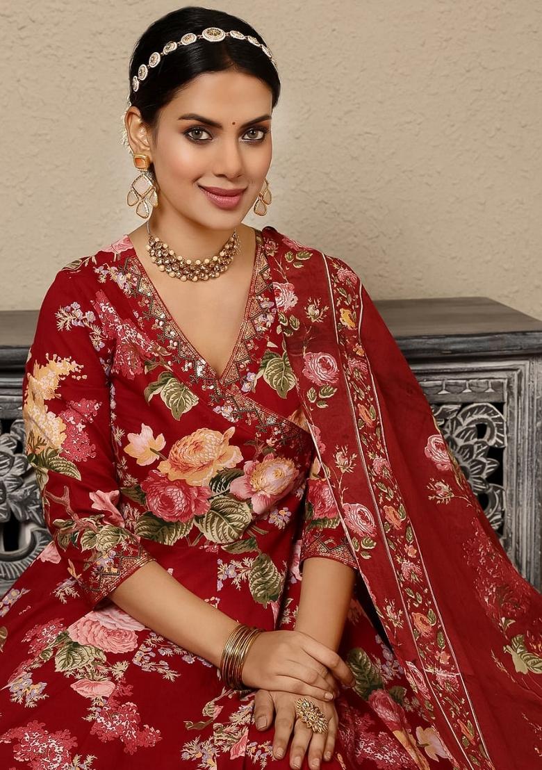 Red Floral Print Cotton Anarkali Set - Indya