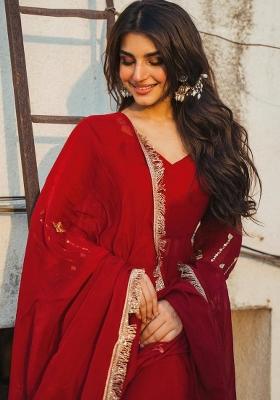 Red Mirror Work Rayon Kurta Set